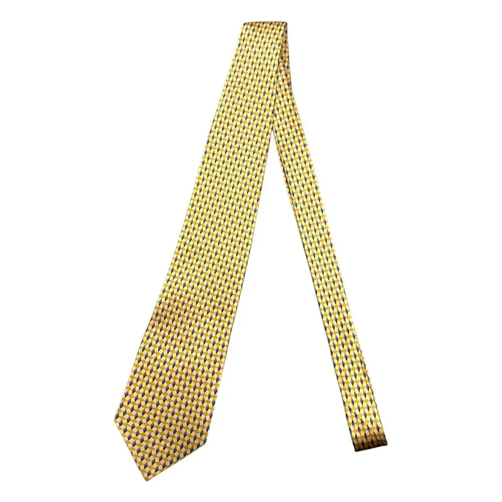 Bill Blass Vintage 100% Silk Dress Tie Yellow‎ Geometric Weave Pattern 60